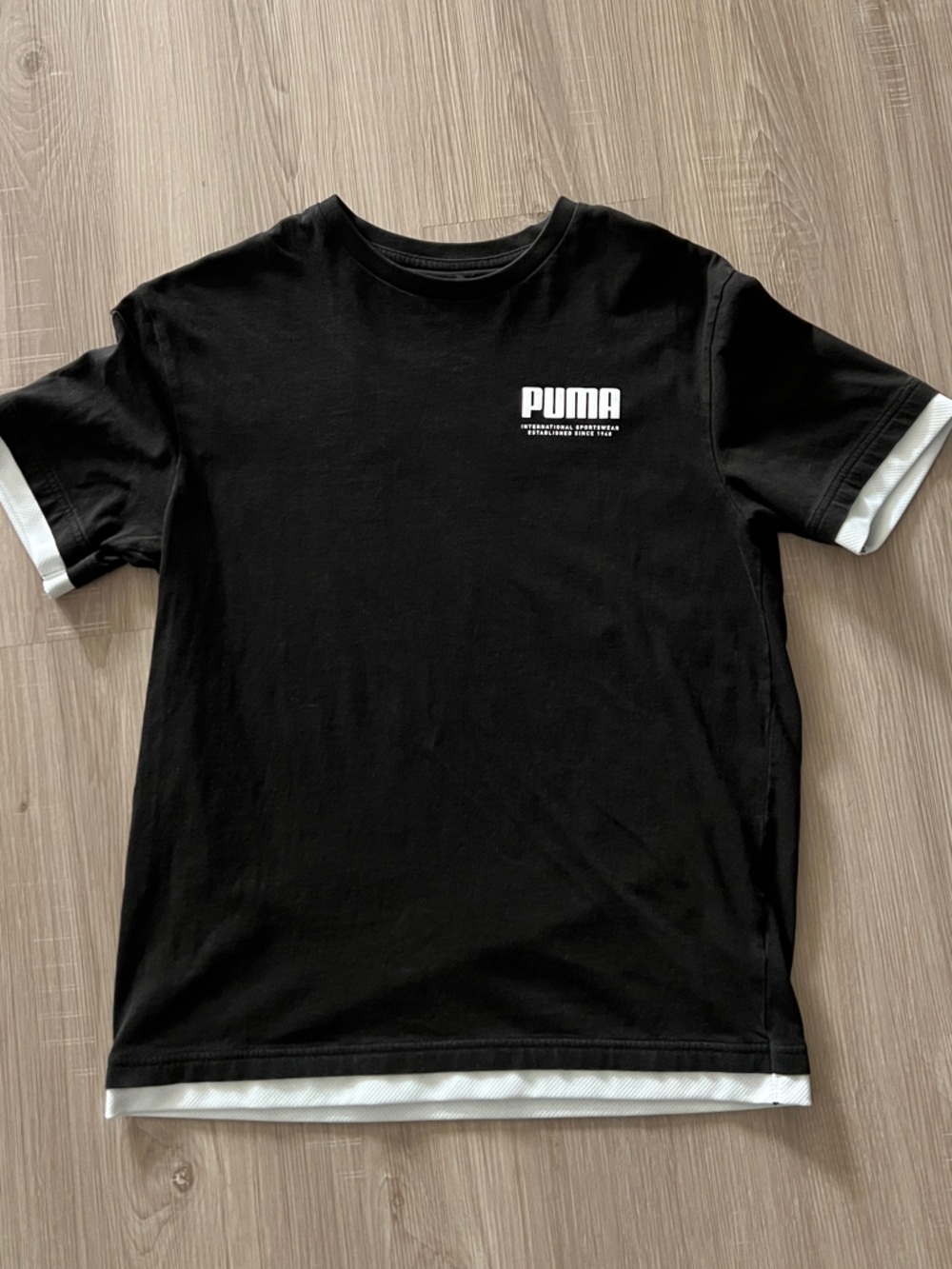 Puma Asia Mens Black Short-Sleeve Tee with White Logo and Cuff Detail